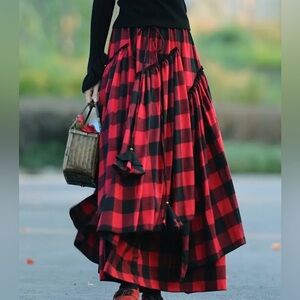 New black and red flannel tassel ties asymmetrical skirt XL